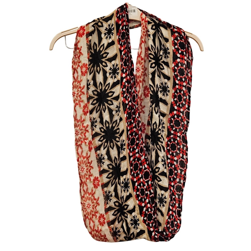 J. Jill Red Geometric Floral Medallion Infinity Loop Scarf Cotton Blend Boho